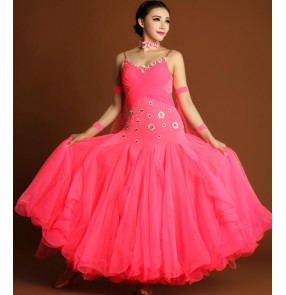 wholesale Coral rhinestones embroidery pattern backless competition women's ladies female professional ballroom tango waltz dancing big skirted dresses outfits