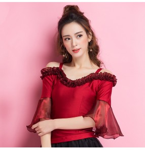 Wine red colored dew shoulder flare sleeves trimmed agaric laces neck fashion competition ballroom latin dance tops