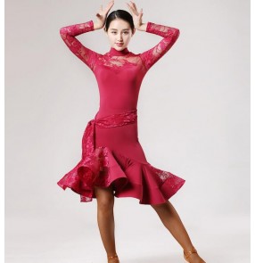 Wine red dark green lace patchwork long sleeves leotards tops irregular hem skirts women's ladies latin dance dresses outfits