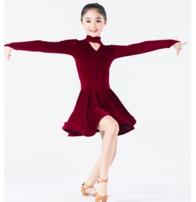 Wine red royal blue black fuchsia hot pink long sleeves velvet competition gymnastics girls kids children latin ballroom dance dresses