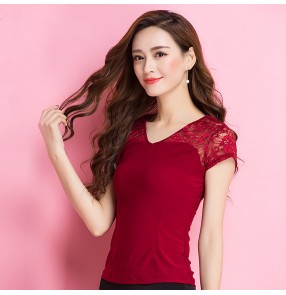 Wine red short sleeves lace flower patchwork v neck sexy competition girls women's latin ballroom salsa dance tops