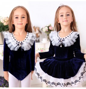 Wined red navy blue pink velvet long sleeves leotards girls kids children princess tutu skirt competition skating swan lake ballet dance dresses outfits