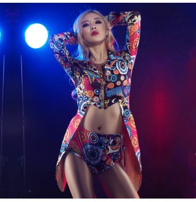 Women's printed jazz hiphop dance costume two pieces shorts and coat outfits
