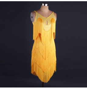 Yellow fringes rhinestones competition professional women's girls ladies latin salsa cha cha dance dresses costumes 