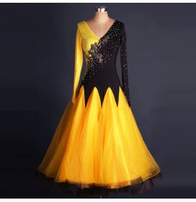 Yellow gold black patchwork long sleeves long length big skirted rhinestones competition women's ladies ballroom tango waltz dance dresses costumes