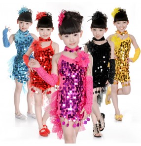 Yellow gold fuchsia hot pink turquoise red black girls kids children baby competition sequins coins paillette tuxedo latin salsa dance dresses outfits 