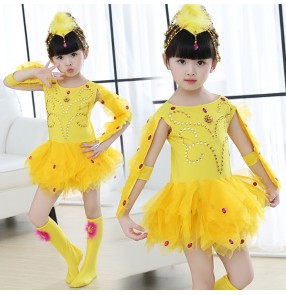 Yellow gold girls kids children school play  fancy chicken modern dance cos play party stage performance dancing dresses outfits