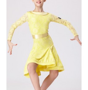 Yellow lace long sleeves girls kids children school competition performance latin salsa cha cha dance dresses outfits
