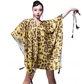 Yellow leopard printed sexy fashion adult women's ladies competition professional senior latin dance loose dresses cloak tops
