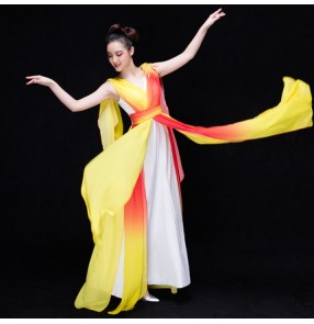 Yellow orange colored gradient colored women's ladies female competition traditional ancient cos play singers dancing evening party performance dancing dresses