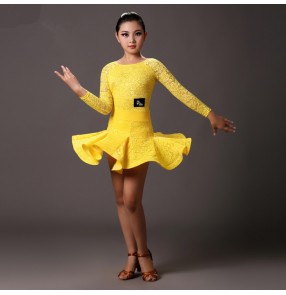 Yellow turquoise blue light pink lace long sleeves girls kids children competition stage performance latin ballroom dancing leotards dresses outfits