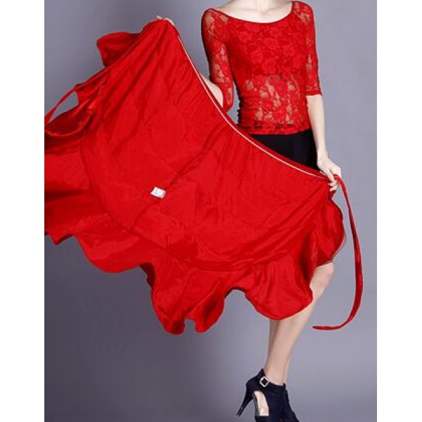 Womens Long Circle Spanish Bull Folkloric Mexican Flamenco Bomba Y Plena Belly Dance Skirt Party Dancing Costume (Red