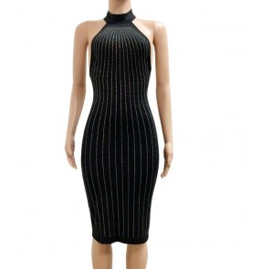 A line black striped patchwork dew shoulder knee above length  Fashion girls women's summer bodycon dresses vestidos