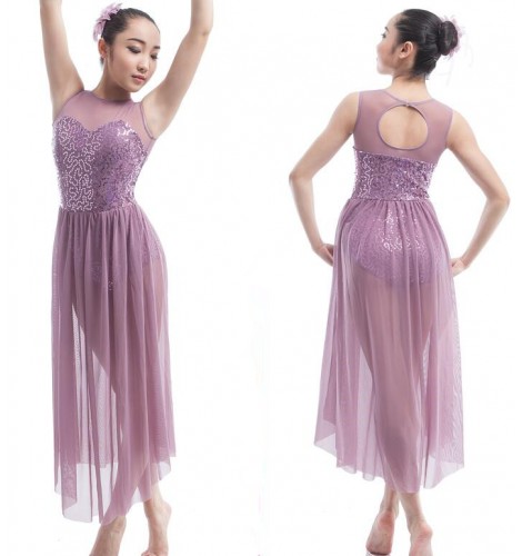 Purple sequins paillette modern dance long length women's ladies ballet ...