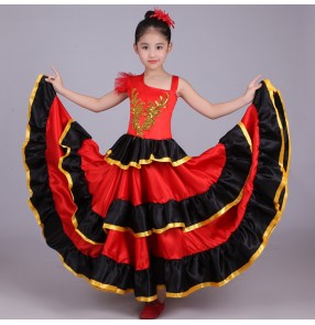 Black and red patchwork gold r big skirted  girls kid school competition flamenco ballroom Spanish bull dance dresses