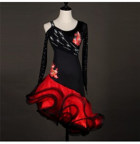 Black and red patchwork rhinestones dew shoulder competition performance women's salsa latin chacha dance dresses