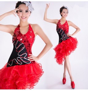 Black and red sequins paillette modern dance competition women's ladies performance latin salsa dance dresses 