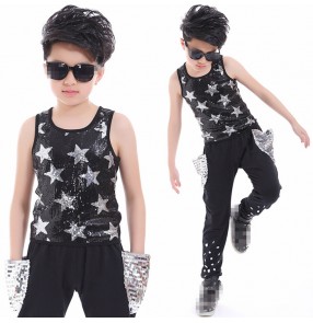 Black and silver sequins patchwork boys kids children performance hip hop jazz singers host drummer dancing vest harem pants