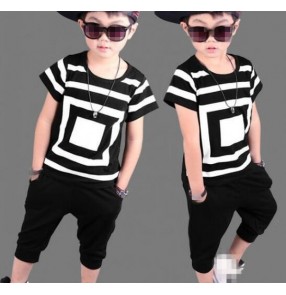 Black and white geometry printed short sleeves boys kids children fashion hip hop jazz dance tops and harem pants