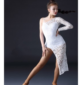 Black and white lace one shoulder irregular hem competition professional women's ladies latin rumba samba dance dresses