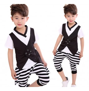 Black and white striped fashion boys kids children kindergarten toddlers jazz hip hop singers dance outfits costumes