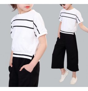 Black and white striped twinset patchwork girls kids children cotton competition performance jazz hip hop sports outfits costumes