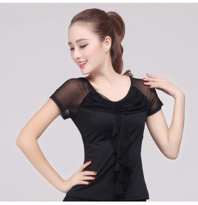 Black blue  women's short sleeves competition performance professional latin ballroom tango waltz dance tops blouses