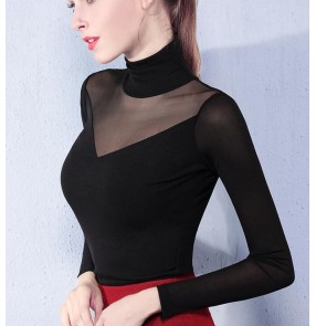 Black colored women's ladies female competition professional long sleeves see through ballroom tango waltz latin dance tops only 