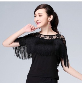 Black colored women's ladies female dew shoulder v neck short lace sleeves sexy fashionable competition professional latin ballroom dance tango tops only 