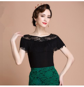 Black colored women's ladies female round neck see through sleeves neckline ruffles competition professional tango waltz latin ballroom dance tops only 
