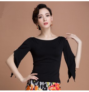 Black gold lace patchwork flare long sleeves competition women's adult ladies latin ballroom dance tops blouses shirts