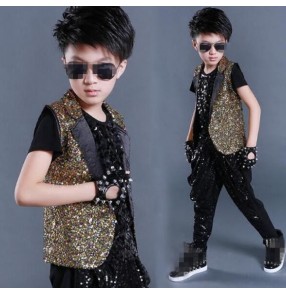 Black gold rainbow sequins paillette vest and harem pants boys kids children stage performance competition school play jazz hip hop singer dancing outfits sets