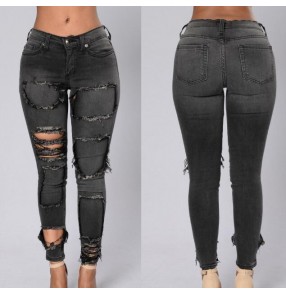 Black hole ripped jeans women pants Cool denim vintage straight jeans for girl Mid waist casual Pencil pants female