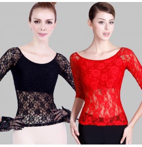 Black lace hollow long  sleeves back women's ladies female competition stage performance professional ballroom tango waltz dance tops blouses