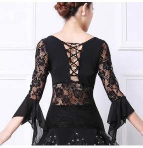  Black lace long sleeves patchwork Latin Dance Top  Dance Costumes Salsa Dancing Dress For Women Latin Ballroom Dance blouses