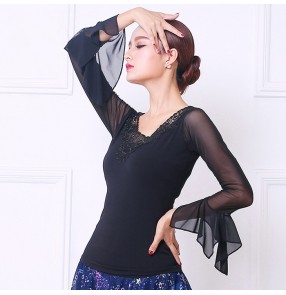 Black lace patchwork flare sleeves women's ladies competition professional latin ballroom dance cha cha salsa tops blouses