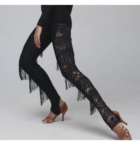 Black lace patchwork fringes sexy fashion women's ladies latin salsa cha cha dance pants leggings