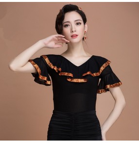 Black lace ruffles slash neck new shoulder women's ladies female competition performance latin ballroom tango waltz dance tops blouses