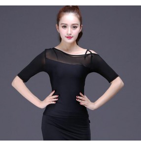 Black Latin dance costumse sexy milk silk short sleeves latin dance tops for women ballroom latin dancing blouses