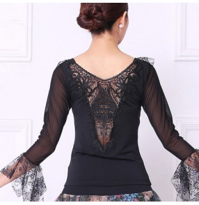 Black Latin Dance Top For Women Long Sleeve Dancing Shirts blouses Sexy Vogue Ballroom Costume Performance Dancing Wear