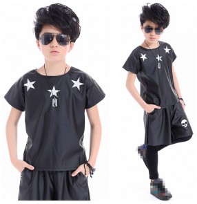 Black leather fashion modern dance toddlers boys kids children competition hip hop jazz dance tops false two piece pants