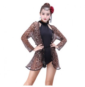 Black leopard see through fabric sexy fashion long sleeves women's performance gymnastics latin salsa cha cha dance cardigans tops 