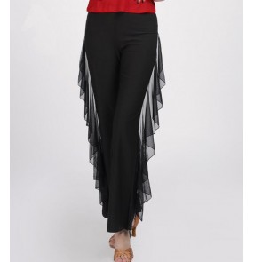 Black long pants side with fringes women's ladies practice exercises tango waltz ballroom dance pants