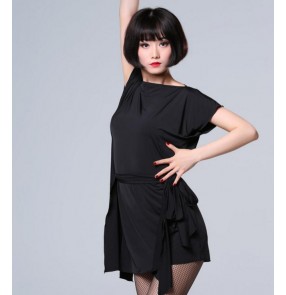 Black loose style batwing sleeves with sashes women's ladies competition professional latin salsa dance dresses tops 