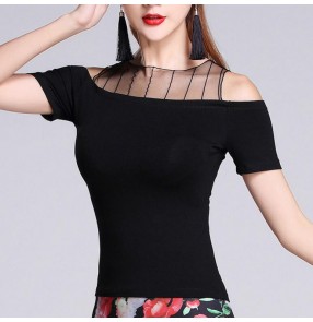 Black mesh patchwork dew shoulder neck short sleeves fashion women's ladies ballroom salsa latin dance tops shrits