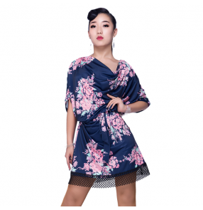 Black navy floral printed  rose women's ladies professional gymnastics professional latin salsa rumba dance dresses 