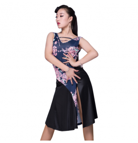 Black navy floral printed split women's ladies competition professional salsa latin rumba dance dresses outfits