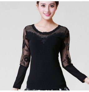 black patchwork women's ladies  sexy stage performance competition ballroom latin salsa samba tango dance tops blouses