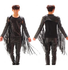 Black pu leather fringes men's male competition night club bar party jazz singers punk rock dancers long sleeves shrug cape