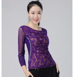 Black purple lace patchwork competition performance women's ballroom tops blouse